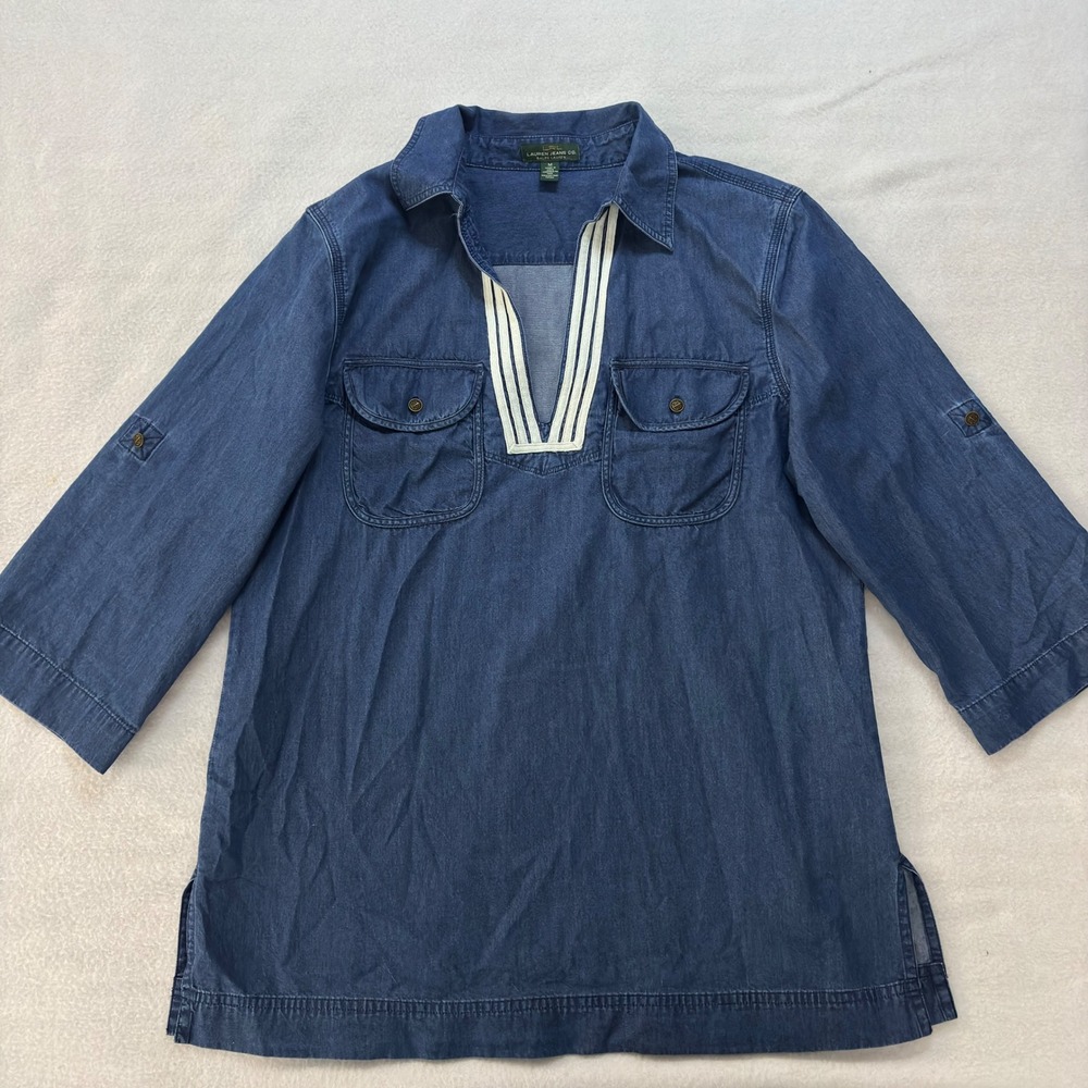 Lauren Jeans Co Ralph Lauren Denim Tunic Top Blue Nautical Stripe V-Neck Medium